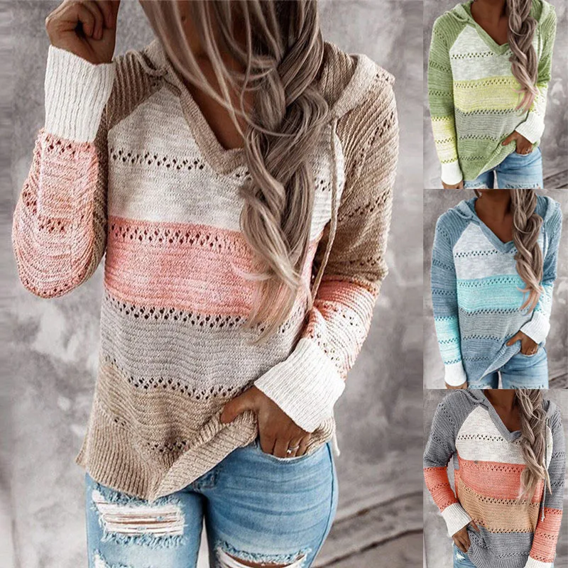 

Women Knitted Sweater Autumn Long Sleeve V-neck Patchwork Hoodies Casual Striped Pullover Jumpers 2021 Female Hooded Sweaters