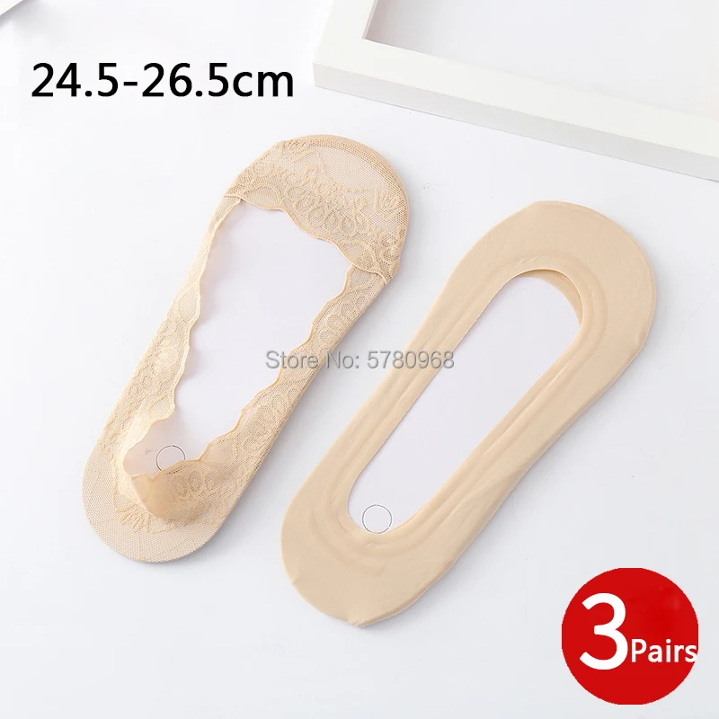 

3pairs women summer big size socks thin boat socks silicone non-slip super shallow mouth invisible oversize lady lace lace sock