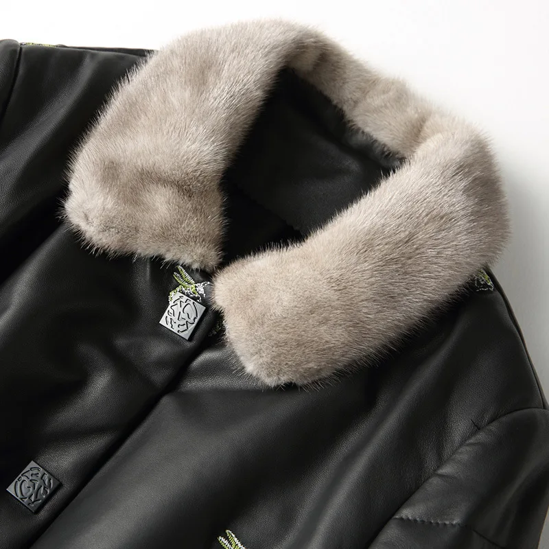 High Quality Black Printed Autumn Winter Mink Fur Collar Long Sheepskin Fur Down Coat SheepSkin White Duck Down Office Jacket