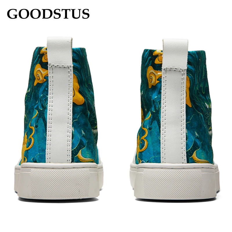 GOODSTUS Men Canvas Shoes Chinese Style Cyan Dragon Comfortable Breathable High Top Fashion Quality Couple Shoe Hot Sale | Обувь