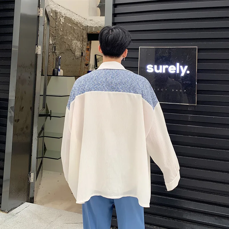 Большой карман лоскутное дизайн рубашки для мужчин с длинным рукавом Свободные