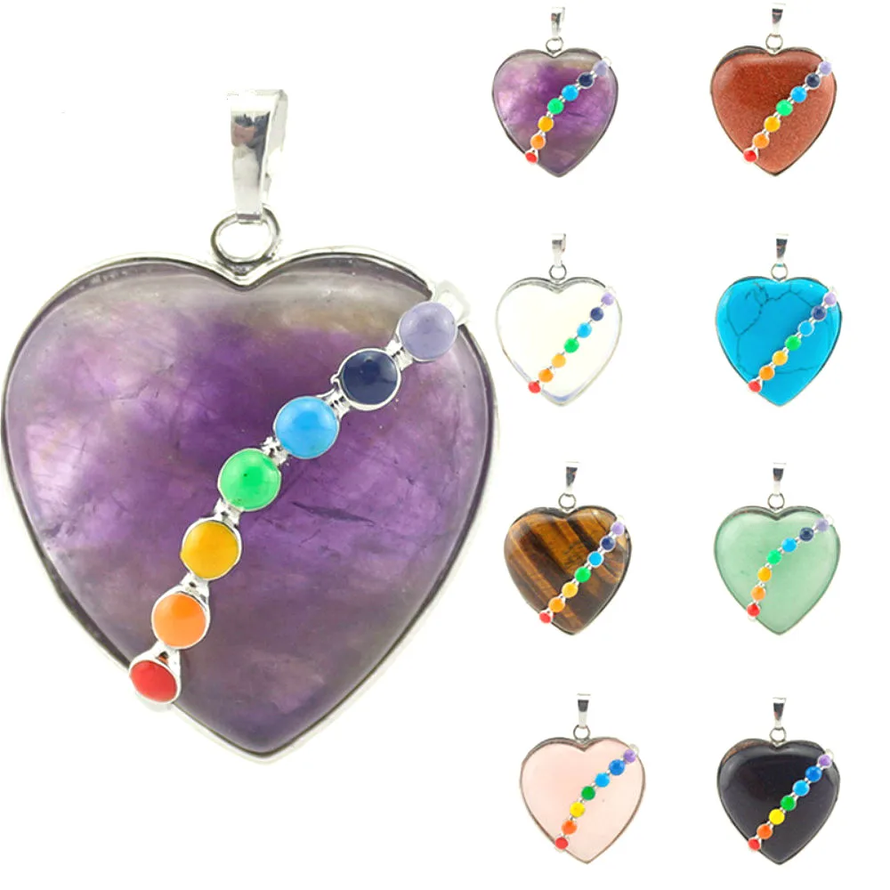 

Natural stone pink crystal love heart pendant Seven chakra colored pendants for jewelry making DIY necklace jewelry accessories