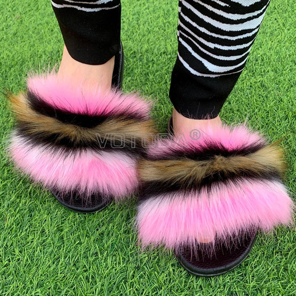 

Summer Women Faux Fur Slides Fluffy Fur Slippers Furry Shoes Woman Faux Plush Flip Flops Flat Indoor Female Raccoon Fur Sandals