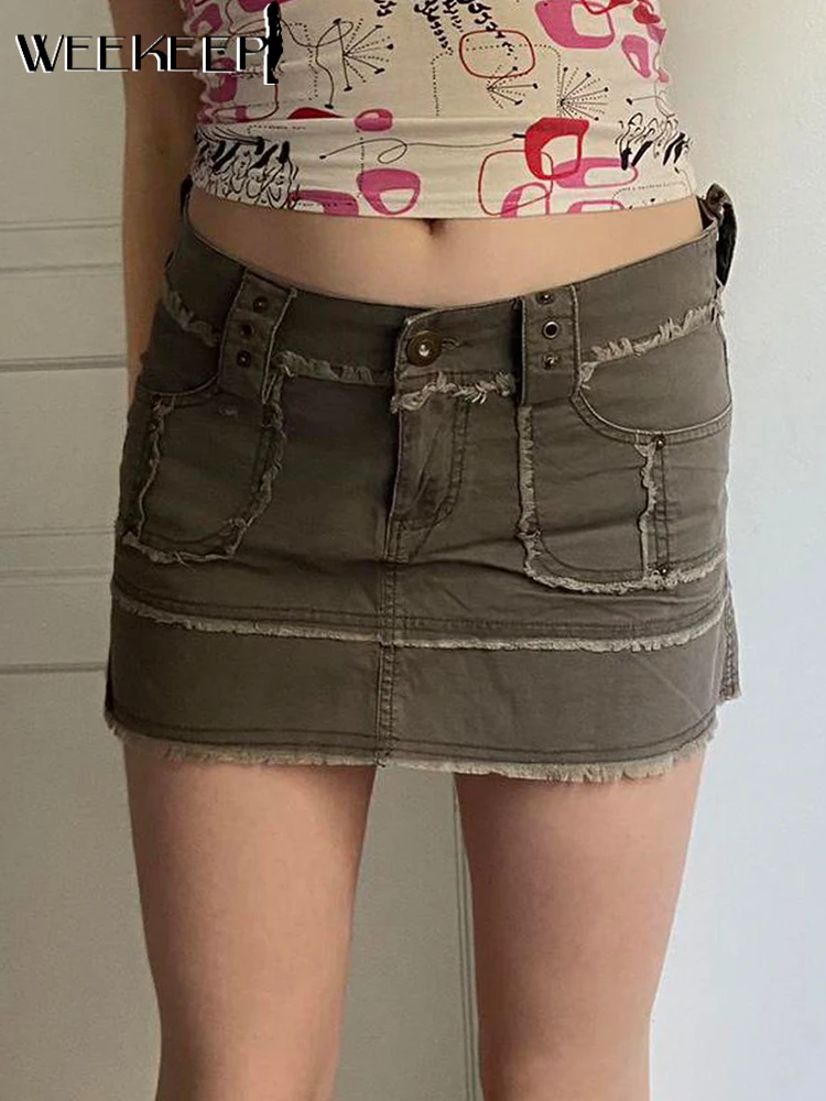 

Weekeep Chic Denim Mini Cargo Skirt Women Hot Fashion Streetwear Furry Edges Vintage Y2k Grunge Skinny Short Skirts Korean Basic