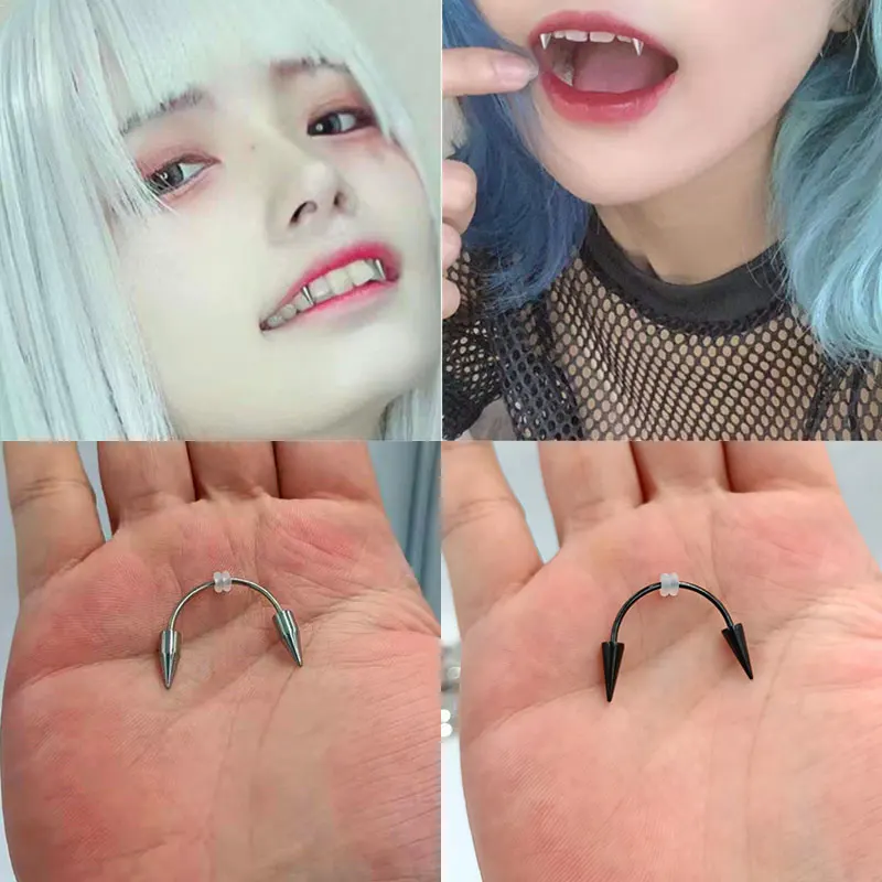 

Tooth decoration new medical stainless steel C rod smile lip tiger tooth nail zombie tooth lace nail vampire piercing jewelry
