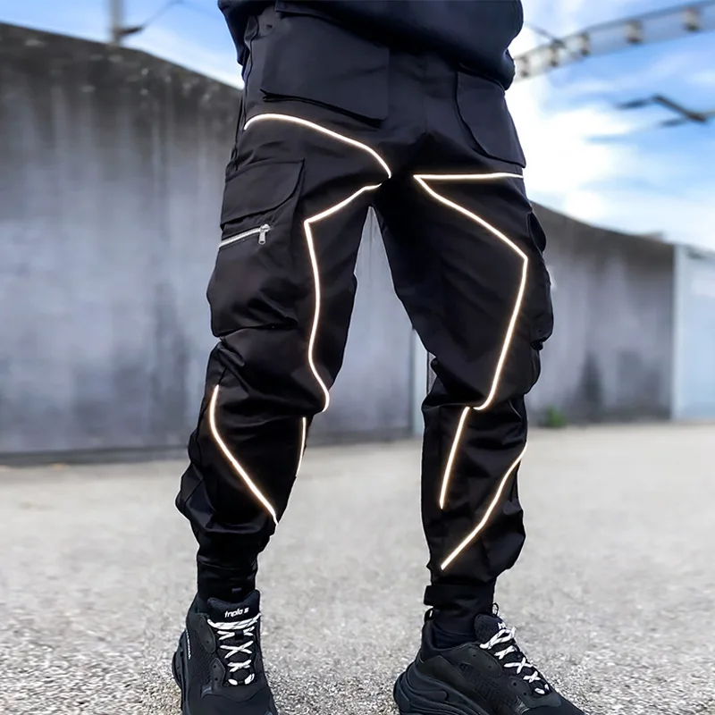 

Cargo Pants Men's Jogging Pants with Reflective Strips Male Skinny Pencil Pants with Multiple Pockets Stacked Sweatpants Men