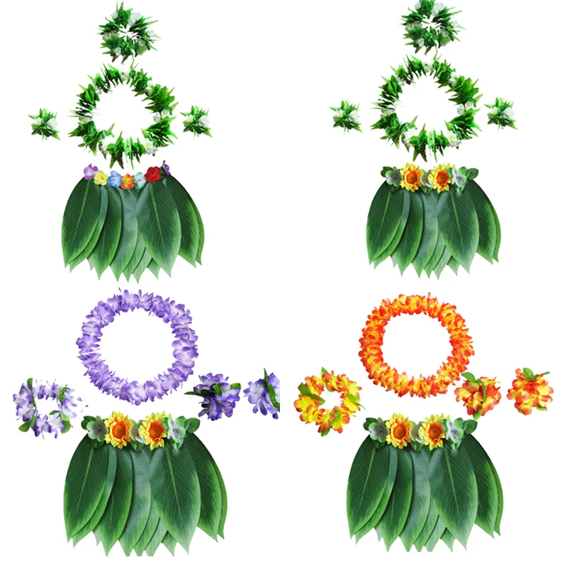 Carnival Party Leaf Hula Skirt Tropical Hawaii Grass With Flower Leis Garland | Тематическая одежда и униформа