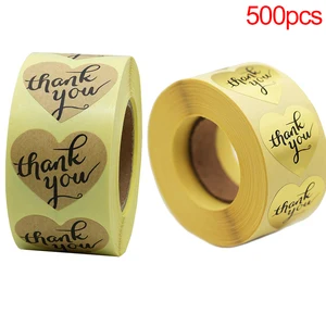 Золотистыекоричневые наклейки с сердцем и надписью Thank You, 500 шт., наклейки из фольги для самостоятельного изготовления подарочных открытокподарочных коробок, бижутерии