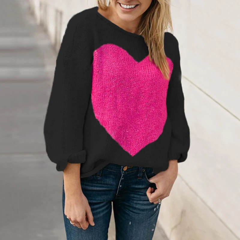 

Women Autumn Winter Loose Knitted Sweater Heart-shaped Slash Neck Sweaters Short Thin Pullover L0951085