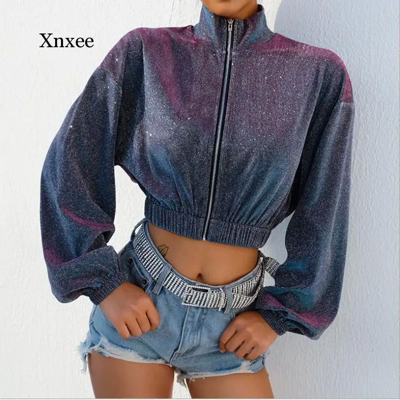 Укороченная Толстовка Оверсайз с серебряными блестками и длинным рукавом