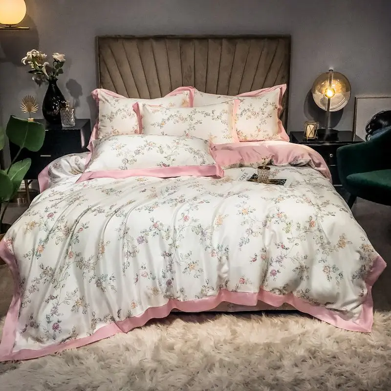 

Luxury Bedding Set soft Tencel Bed Linens Bed Sheet Set printed flowers Bedclothes Queen/King Size Bed cover 4pcs