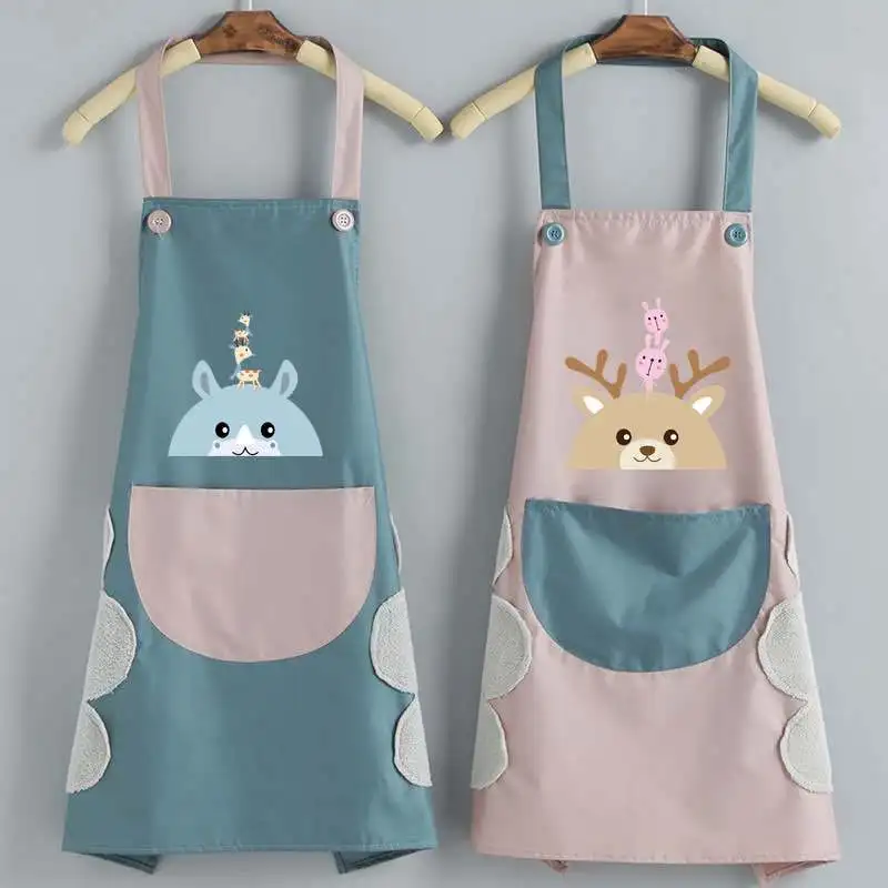 

Cute Cartoon Home Kitchen Adjustable Strappy Waterproof Large Pocket Coral Velvet Hand Towel Sleeveless Apron Woman Accessories