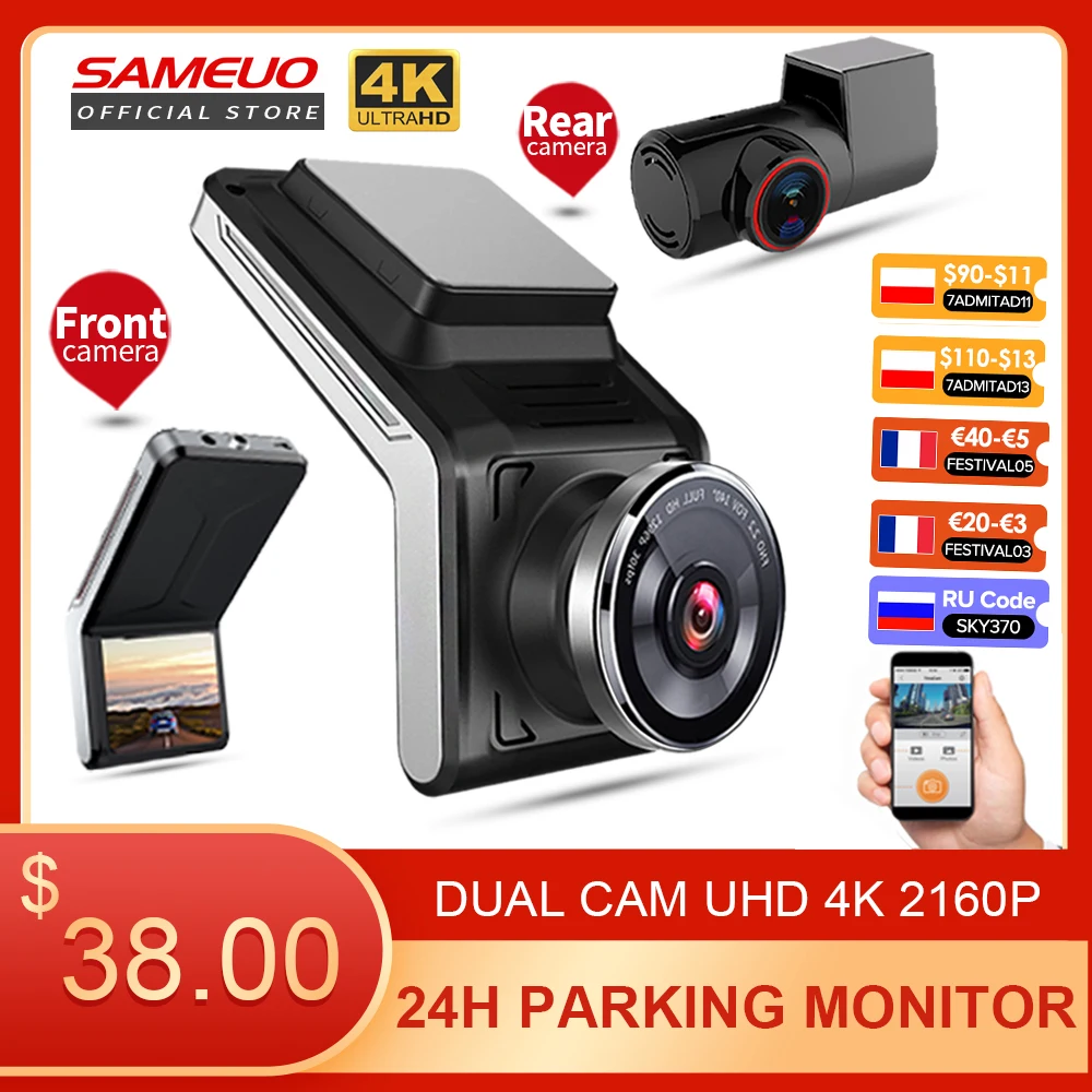 

Sameuo U2000 dash cam front and rear 4k 2160P 2 camera CAR dvr wifi dashcam Video Recorder Auto Night Vision 24H Parking Monitor