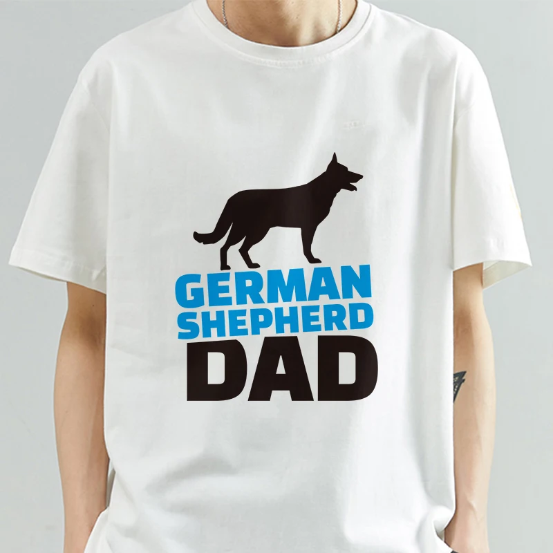 

German Shepherd Dad Letters Men White Tshirt Vintage Street Tops Father Day Tee Shirt Short Sleeve Cotton Clothes For Summer