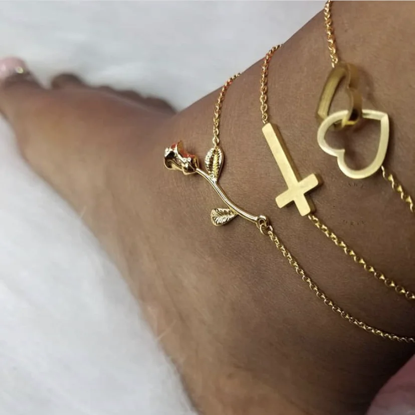 DIANSHANGKAITUOZHE Gold Colour Bijoux De Pied Femme Leg Chain Stainless Steel Bracelet Women Double Heart Foot Anklets|foot anklet|bijoux de