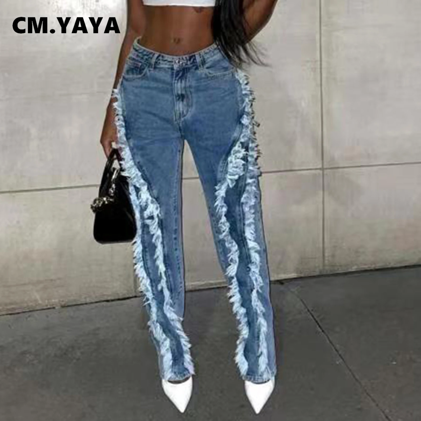 

CM.YAYA Women Tassel Side Splicing Zipper Fly Jeans Streetwear Elegant INS Pencil Basic Denim Pants