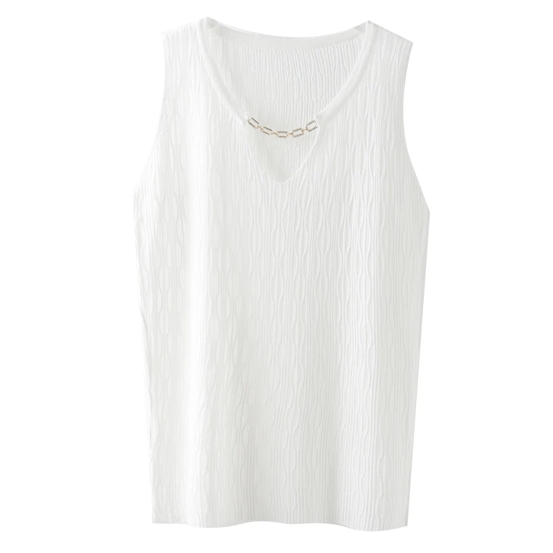 

Knitted Solid Women Tank Tops Summer New 2021 O-Neck Chain Hollow Out Slim Elegant Office Lady Buttoming Pulls Tops Tees