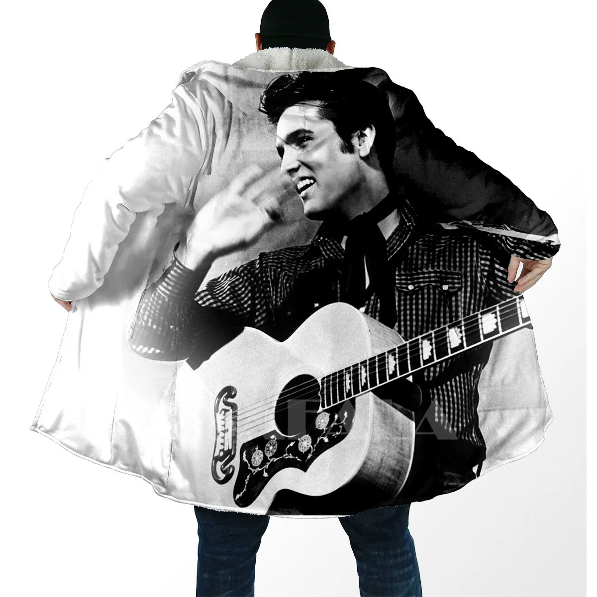 

Толстая теплая накидка с капюшоном для мужчин, пальто Elvis Super Star Singer в стиле хип-хоп, ветрозащитная накидка с принтом, флисовая одежда, одеяло ...
