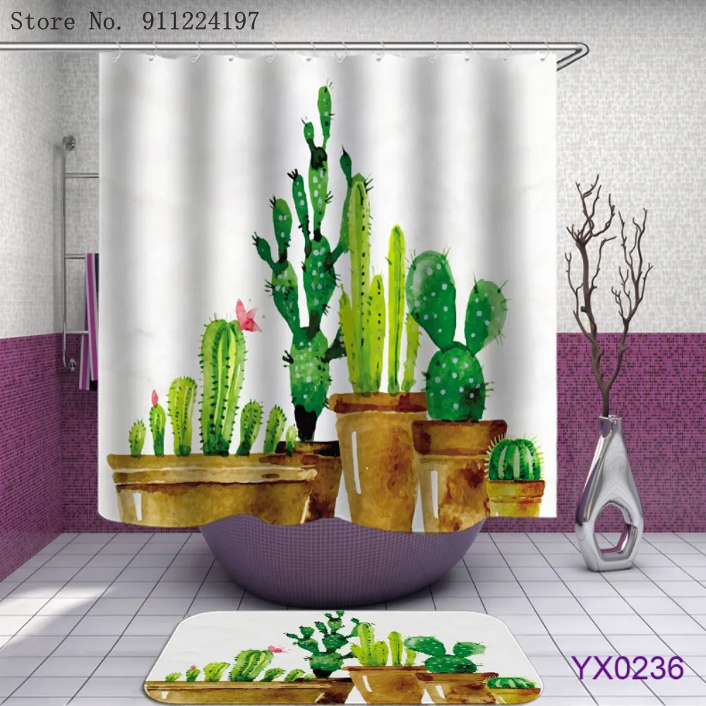 

Cactus Bathroom Shower Curtains Waterproof Polyester Toilet Curtain Two-Piece Set 12 Hooks Tropical Plant Mat Non-Slip Carpet