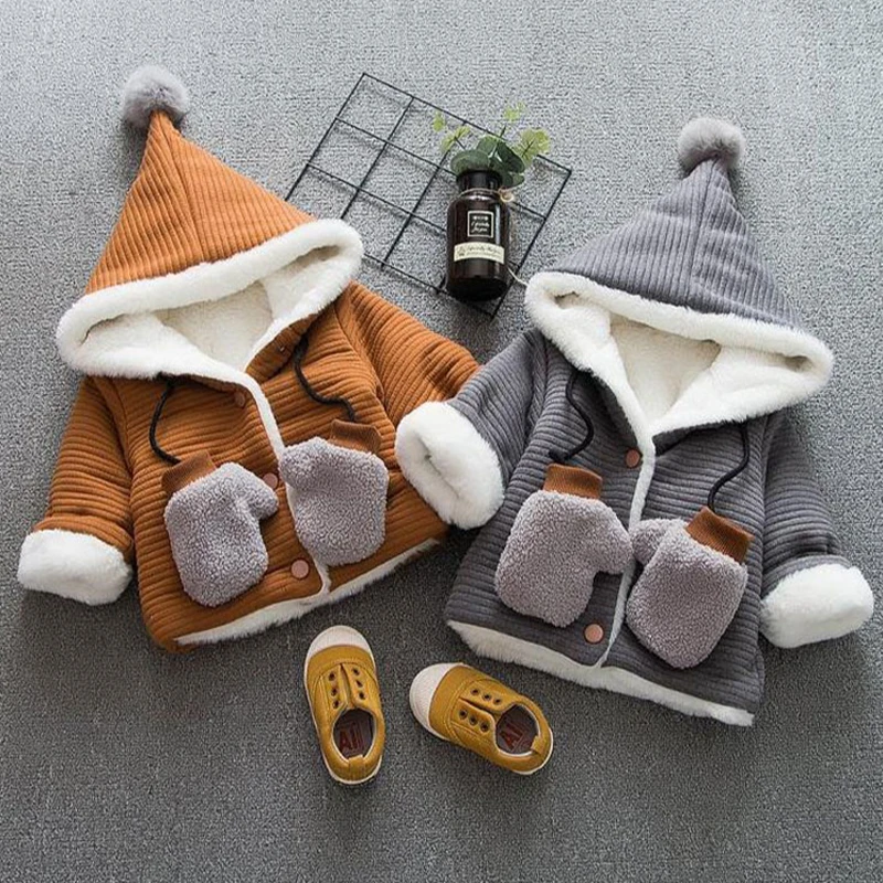 

Baby jacket autumn and winter plus velvet padded warm jacket for boys and girls solid color hooded padded jacket with gloves
