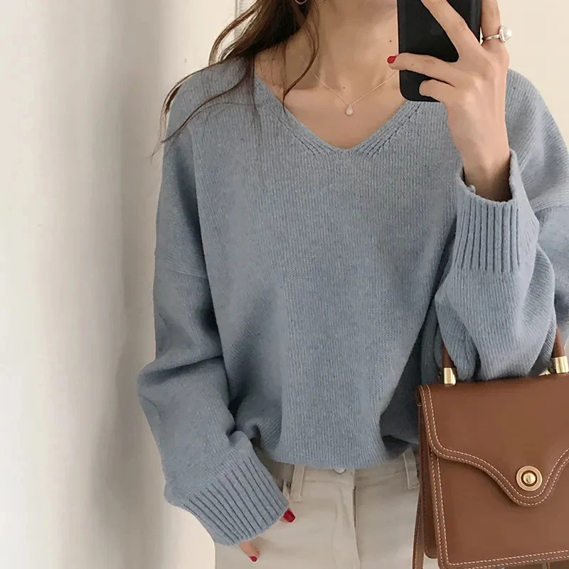 

Korean Style V Neck Long Sleeve Irregular Split Pullover Sweater Women New Autumn Winter Sweet Loose Streetwear Knitted Sweater
