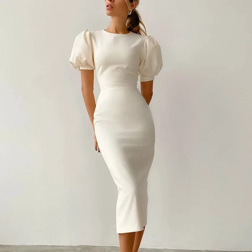 

2021 European and American spring new round neck short-sleeved temperament commuter tight-fitting high-waisted puff sleeve dress