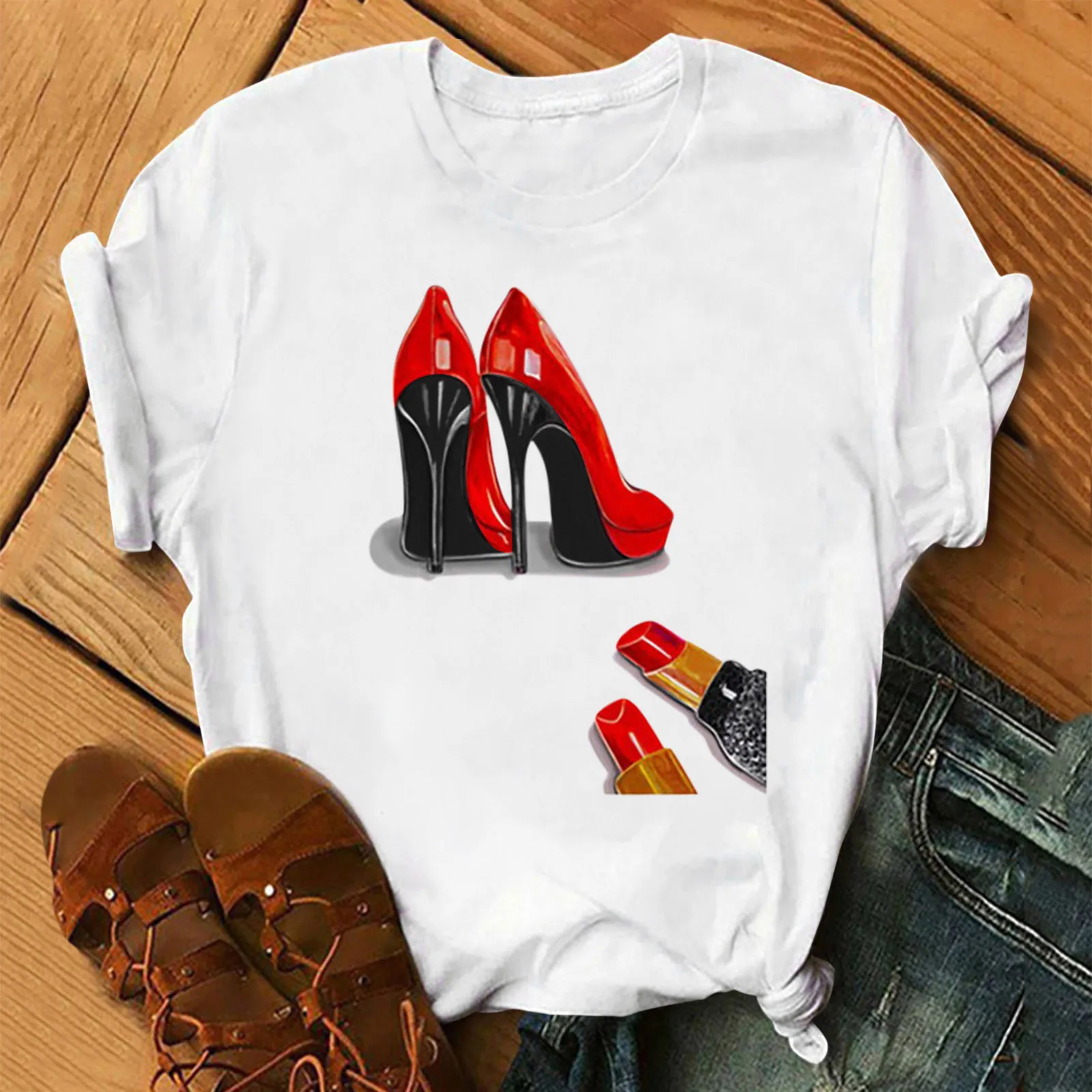 

T-shirt Women's High Heels Shoes Lipstick Print Short Sleeve O-neck Ladies T-shirt Casual Loose Hipster Graphic Tops Oversize
