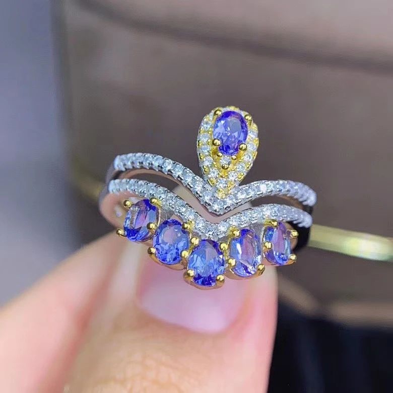 

luxurious crown Wheat tulip two wears Natural blue tanzanite gem ring S925 silver natural olivine ring women party gift jewelry