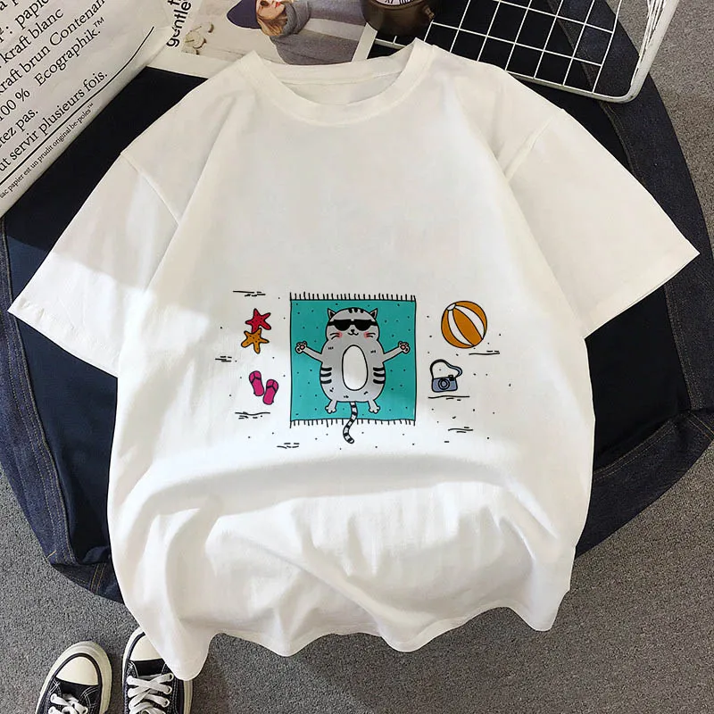 Kawaii, футболка с толстым котом, женская, новинка, летняя, милая, модная, короткий рукав, футболка, белая, тонкая, с секциями, хипстер, футболка, Топы, одежда