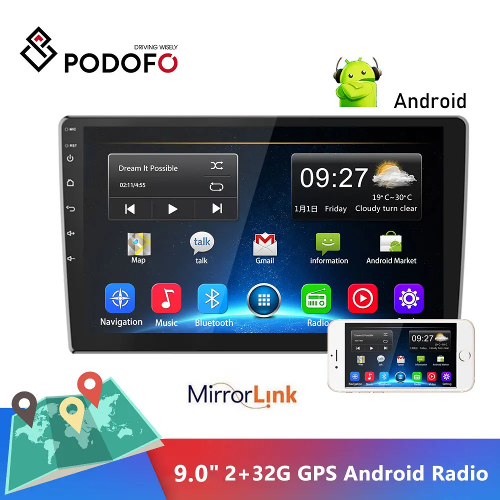 Автомагнитола Podofo 9 &quot Android 2din 2 + 32 ГБ мультимедийный плеер стерео GPS Bluetooth Wi Fi
