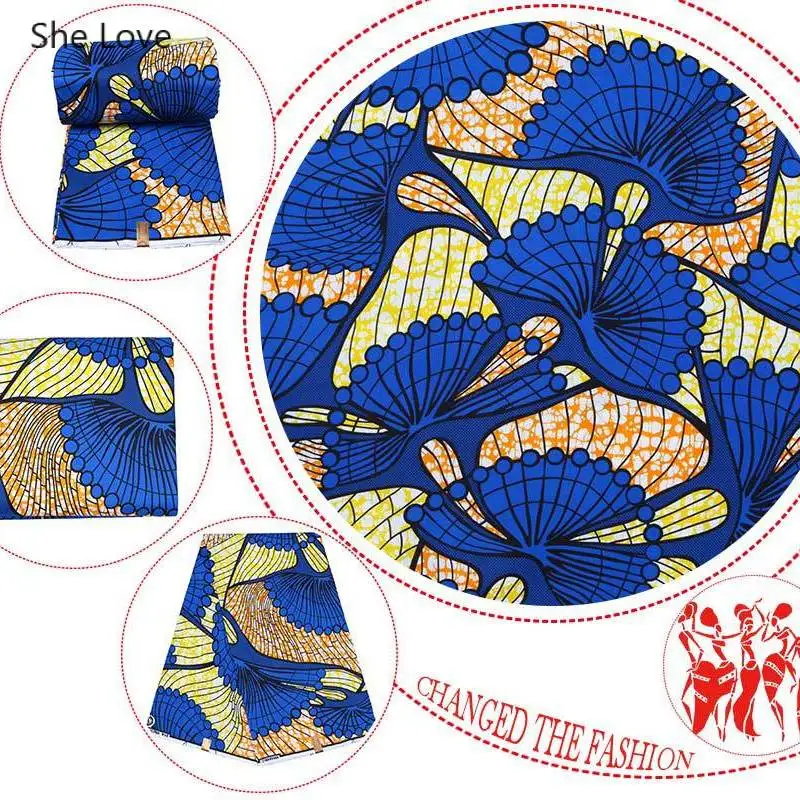 Девушка любит 1 ярд синий цветочный узор Печатный полиэстер батик ткань Анкара