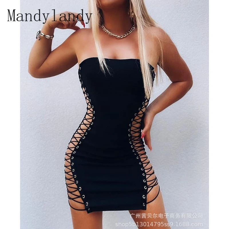 

Mandylandy Dress Summer Fashion Strapless Backless High Waist Bandage Hollow Out Dress Women Sexy Solid Color Pleated Slim Dress