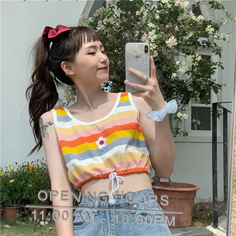 

Sweety Tanks Summer Rainbow-striped Tanks Women Kawaii Embroidery Crop Top Korean Fashion Lace-up Womens Vintage Chic Tops