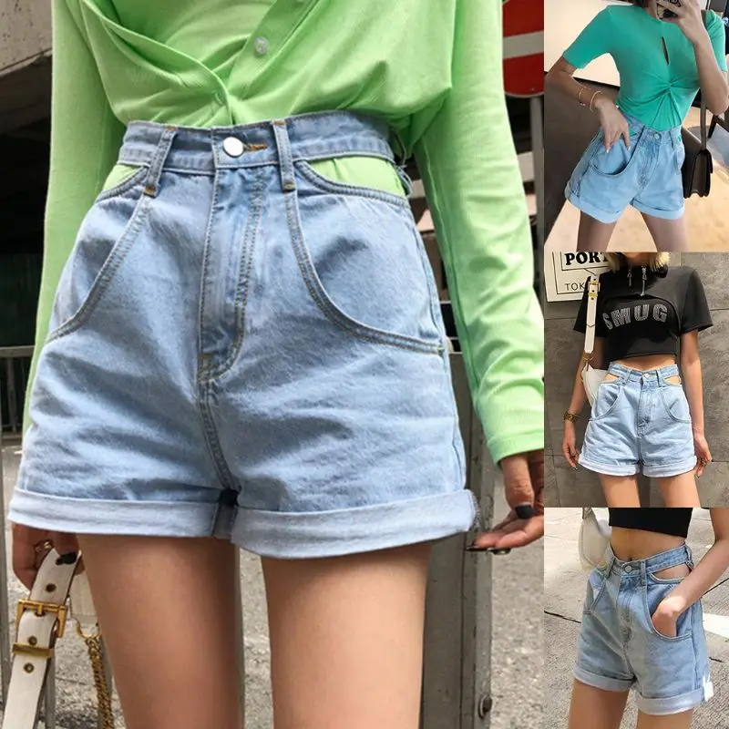 

Korean Women Sexy Hollow Out High Waist Denim Shorts Cut Off Sides Wide Leg Rolled Hem Light Blue Lady Bottom Streetwear