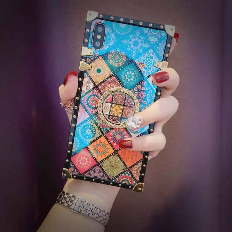 Чехол s для iPhone 11 Pro Max Xr Xs Max, квадратная крышка в китайском стиле, блестящее кольцо, подставка, чехол для iPhone X Xs 7 8 Plus 6 6 S, чехол - Цвет: Diamond  With Stand