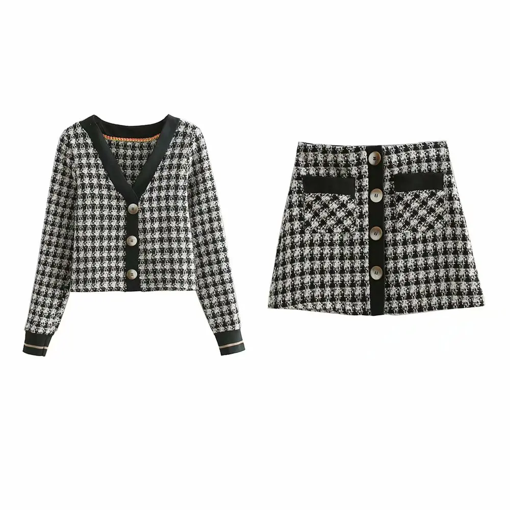 

Set female 2021 spring fashion high waist twill plaid A word skirt short skirt short coat two-piece fashion suit female