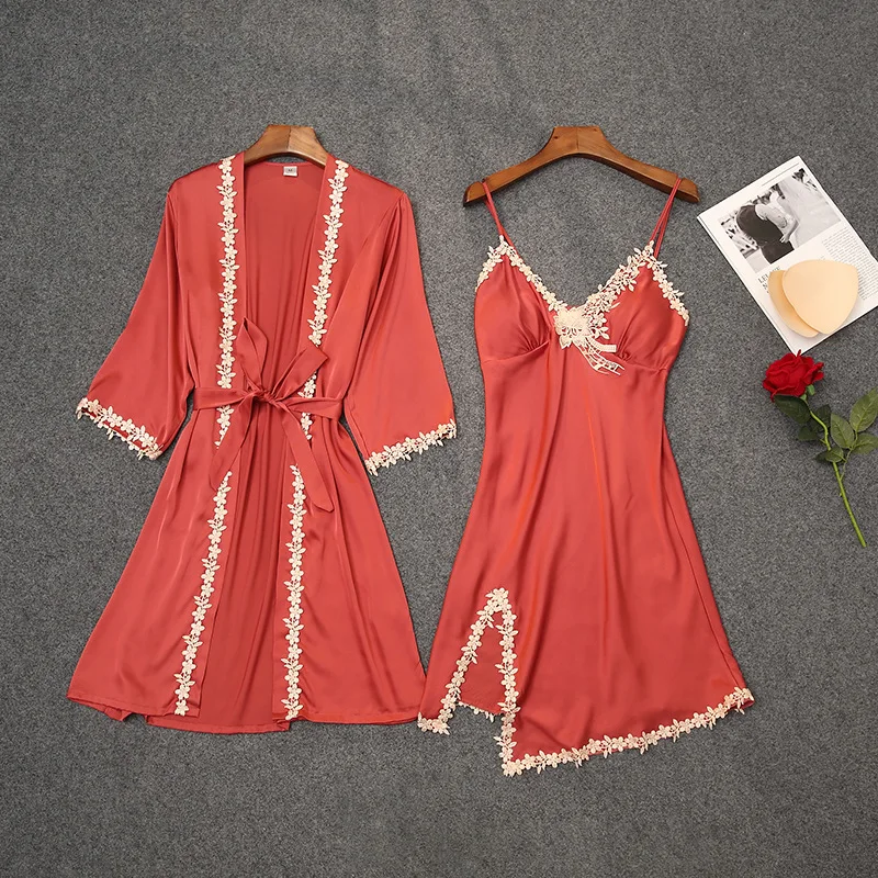 

Women Nightwear 2 Piece Robe Set Home Dressing Gown Bride Wedding Gift Lace Sexy Faux Silk Sleepwear Kimono Gown Lace Nightwear