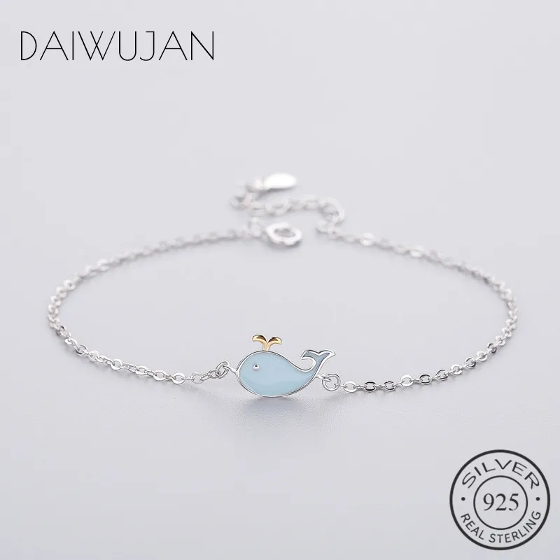 DAIWUJAN милый очаровательный 925 пробы Серебряный Эмаль синий Дельфин КИТ браслет для женщин День рождения цепь ювелирные изделия