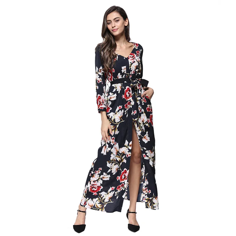 Женское платье в этническом богемном стиле с цветочным принтом длинное