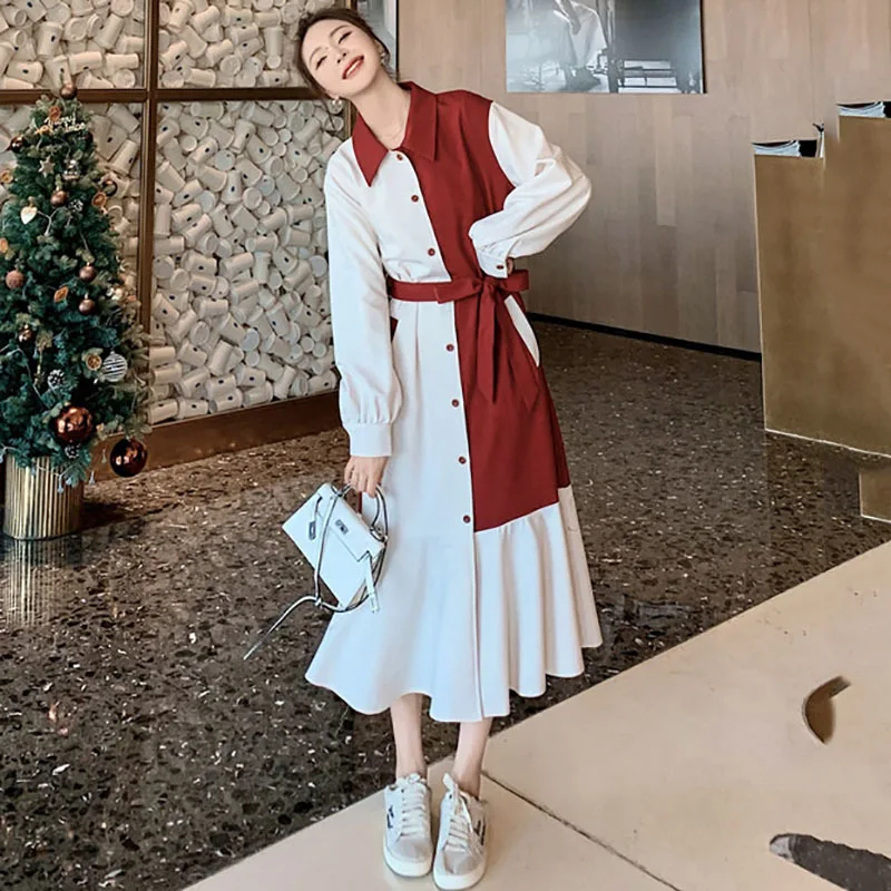 

SHENGPALAE Fashion Women Autumn 2021 New Lapel Loose Color Contrast Splicedlong Sleeve Mid-calf Shirt Dresses Female Tide 5E3117