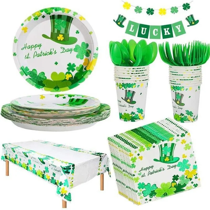 

St. Patrick's Day Plates Set Party Supplies Shamrocks Napkins Cups Saint Patrick and Irish Parties Serves 16 People DEC632