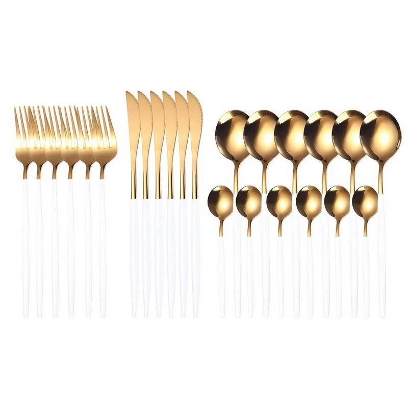 

24pcs White Gold Dinnerware Set Stainless Steel Knife Fork Spoon Cutlery Set Kitchen Tableware Set Flatware Set Wholesale