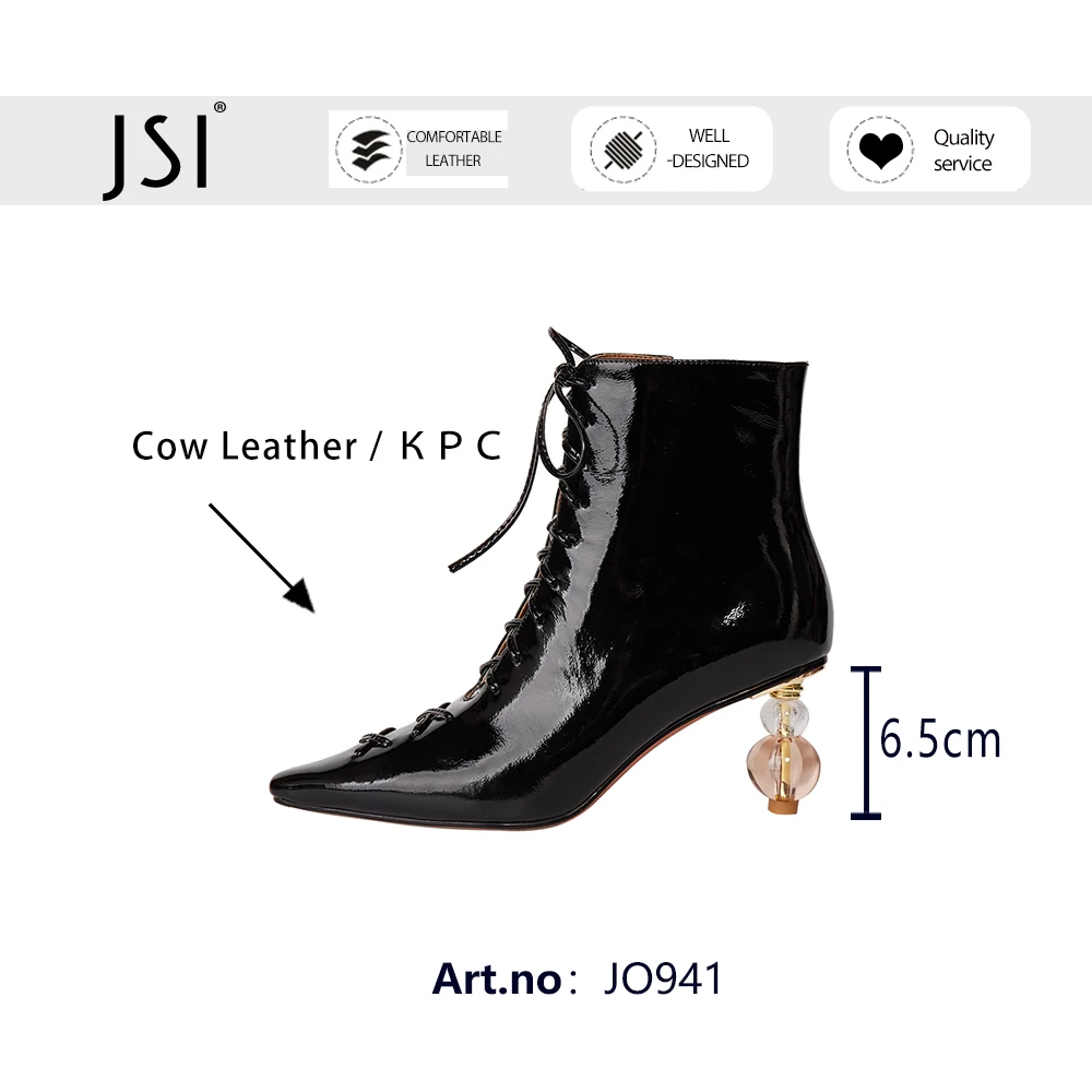 

JSI New Spring Autumn Boots Women Warm Strange Heel CRYSTAL Fashion Style Basic Pointed Toe Genuine Leather Ankle Boots JO941