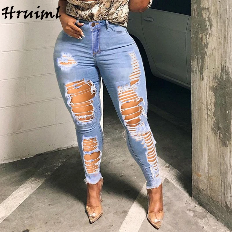 

Pencil Pants Casual Streetwear Skinny Placket with Zipper Hot Sale Woman Pants Full Length Fashion Big Hole Stretch Jeans
