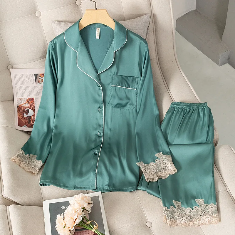 

Yellow New Pajamas Set Elastic Waist 2PCS Sleepwear Women Satin Sleep Set Lace Trim Pyjamas Suit Female Loose Trouser Suits