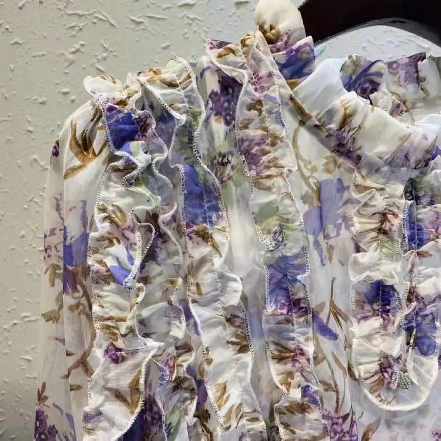 

AELESEEN High Quality Ruffles Maxi Long Dress 2021 Spring Summer Full Sleeve Purple Floral Print Elegant Party Holiday Dress