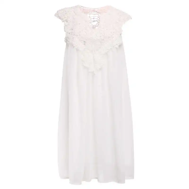 

Women's Summer Elegant Dress Lace Patchwork Loose Sexy Dress Short Sleeve Chiffon White Beach Dress Women Dresses