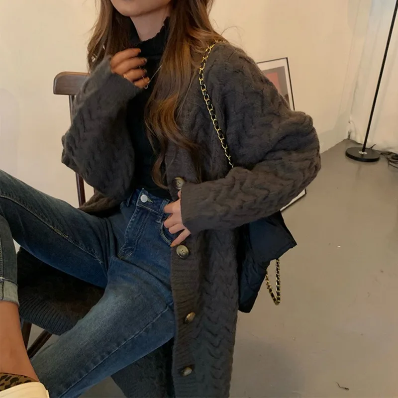 

2021 New Knitted Jackets Vintage Midi Cardigan Tops Sweaters Woman Fall Winter V Neck Single Breasted Loose Long Coats