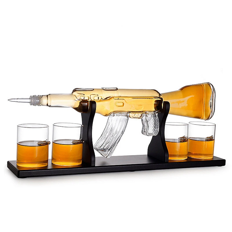 AK47 Gun Shape Whisky Glass Wine Container Decanter Set Drinking Vessel With 4 Cups 1 Pine Wood Support | Дом и сад