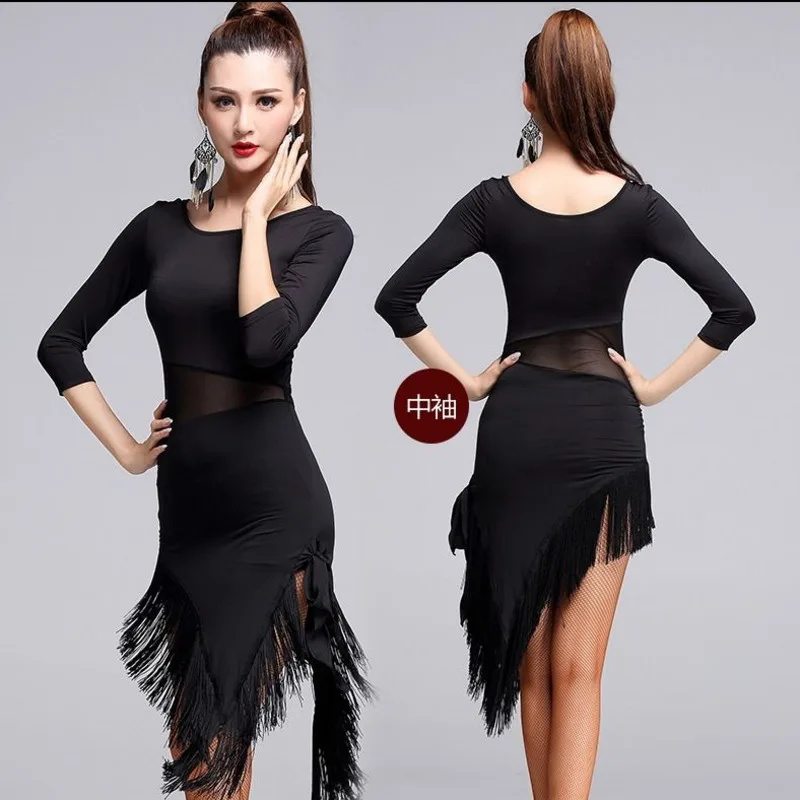 

New Adult Latin Dancing Dance Skirt Lace Tango Dress Latina With Tassel Mesh Short Sleeve Medium Sleeve Rumba Gala Girl Costume